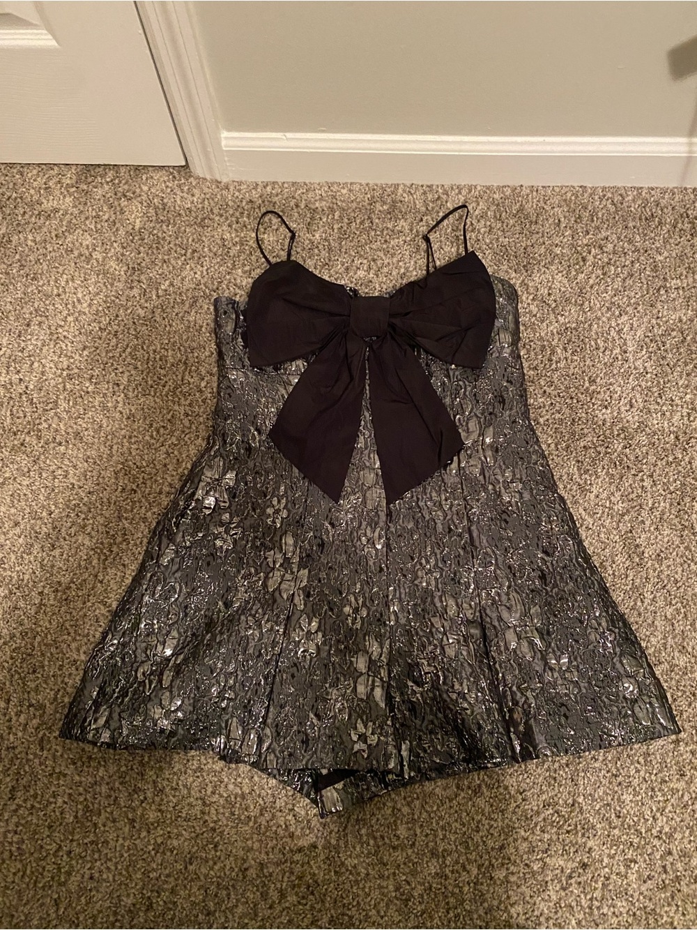 Anthropologie Maeve Black Metallic Lace Jacquard Romper with Bow Size US 10